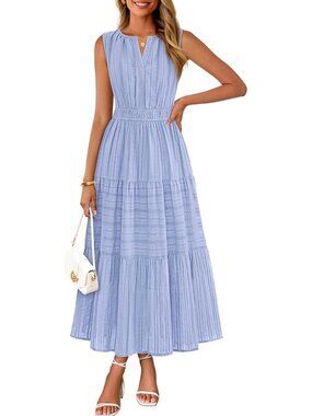 🆕Women Blue Maxi Dress for  Casual Sleeveless Boho V Neck Cotton Long Dresses